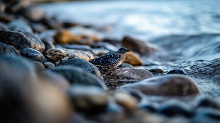 Poster - A spotted bird perches on smooth, grey rocks near the gently lapping water's edge, a tranquil coastal scene. : Generative AI