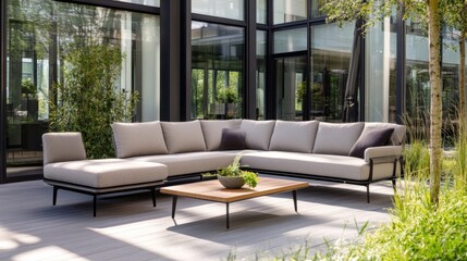 Poster - Modern gray sectional sofa with black metal frame sits on a patio, next to a wooden coffee table and lush greenery. : Generative AI