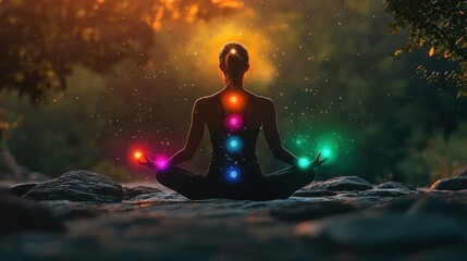 Aufkleber - Woman meditates outdoors at sunset, illuminated by vibrant chakra energy points, showcasing a serene and spiritual atmosphere. : Generative AI