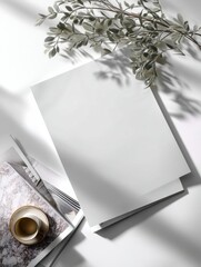 Aufkleber - Blank paper mockup with eucalyptus branch and magazines, showcasing a minimalist aesthetic with soft light and shadows. Ideal for branding, design, or editorial projects. : Generative AI