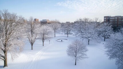Poster - A solitary figure walks through a snow-covered campus park, surrounded by snow-laden trees and university buildings in the background under a clear winter sky. : Generative AI