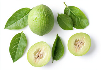 Aufkleber - Fresh green quince fruit with leaves, top view, isolated on white background.  Perfect for healthy food, culinary, or autumn harvest themes. : Generative AI