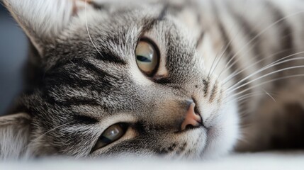 Aufkleber - Close-up portrait of a grey tabby cat resting, showcasing its striking green eyes and soft fur texture. The cat's relaxed posture and peaceful expression create a serene and calming im : Generative AI