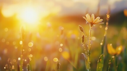Fototapete - Single dew-kissed flower illuminated by warm sunset light, surrounded by blurred bokeh of other wildflowers in a vibrant field. : Generative AI