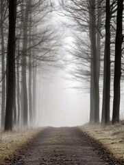 Poster - A misty path winds through a line of bare trees on a cold, winter morning, creating a serene and mysterious atmosphere. : Generative AI