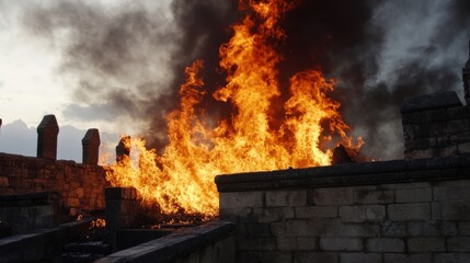 Leinwandbilder - Fiery inferno engulfing ancient stone structure, billowing smoke and intense orange flames rising against a dramatic sky. : Generative AI