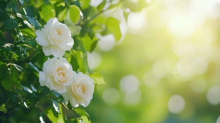 Aufkleber - Three delicate white roses bloom on a lush green bush, bathed in soft sunlight, creating a serene and peaceful summer garden scene. : Generative AI