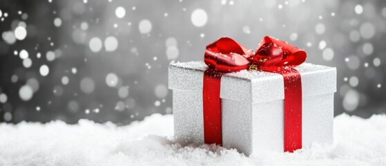 Poster - A silver gift box with a red ribbon sits in the snow against a bokeh background, perfect for winter holidays. : Generative AI