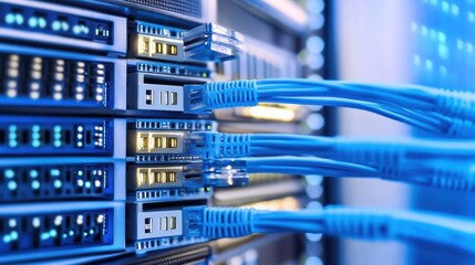 Fototapete - Close-up view of blue fiber optic cables connected to a server rack, showcasing intricate network infrastructure details. : Generative AI