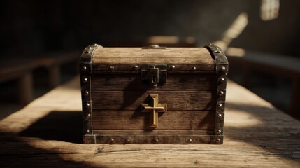 Leinwandbilder - Antique wooden chest with a golden cross, sitting on a rustic wooden table in a dimly lit room, bathed in sunlight. : Generative AI