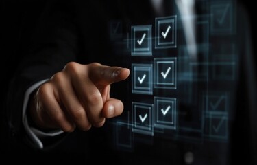 Fototapete - A businessman's finger points to a glowing digital checklist, signifying task completion and project success.  The dark background emphasizes the futuristic technology. : Generative AI