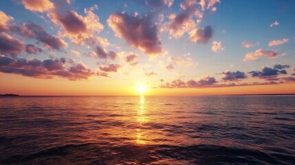 Poster - Serene sunset over calm ocean waters, vibrant orange and purple hues paint the sky with fluffy clouds, creating a breathtaking landscape. : Generative AI