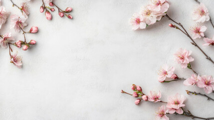 Aufkleber - Delicate pink blossoms arranged on a light gray textured background, creating a beautiful spring floral border with copy space. : Generative AI