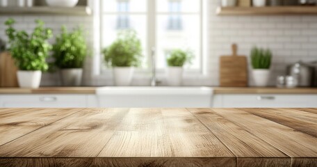 Poster - Empty wooden table in a bright, modern kitchen with blurred background of white cabinets, herbs in pots, and a window with natural light. : Generative AI