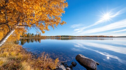 Poster - Golden autumn leaves frame a tranquil lake reflecting a bright sun, creating a serene and picturesque landscape. : Generative AI