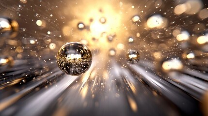 Aufkleber - Golden spheres accelerate through a radiant, shimmering tunnel, leaving a trail of sparkling light and energy. : Generative AI