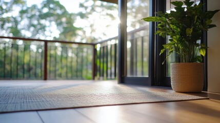 Poster - Sunlit balcony scene with a woven plant pot and textured rug, showcasing a tranquil outdoor view through sliding glass doors. : Generative AI