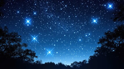 Poster - A breathtaking night sky filled with countless stars, bright constellations, and silhouetted trees creating a serene, dark landscape under a celestial expanse. : Generative AI