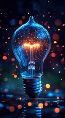 Poster - Glowing lightbulb with sparks and bokeh, illuminated in blue and orange hues, reflecting on a dark wet surface. : Generative AI