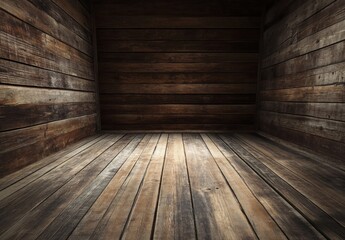 Poster - Empty rustic room with dark brown wooden walls and floor, showing aged texture and natural grain, perfect for background or product placement. : Generative AI