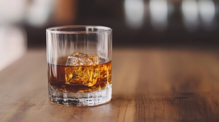 Fototapete - A rocks glass of amber whiskey sits on a dark wood table, a single ice cube melting slowly within the drink.  The background is softly blurred, suggesting a bar or lounge setting. : Generative AI