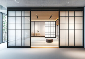 Poster - Modern Japanese minimalist interior design featuring sliding shoji screens, wooden ceiling, and a serene seating area with a low ottoman. : Generative AI