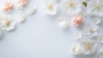 Aufkleber - Delicate white and blush pink flowers arranged on a light gray background, creating a soft and elegant floral border. : Generative AI