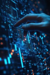 Leinwandbilder - A hand interacts with a futuristic digital interface, showcasing glowing blue and orange data streams, lines, and arrows, suggesting technological innovation and data analysis. : Generative AI