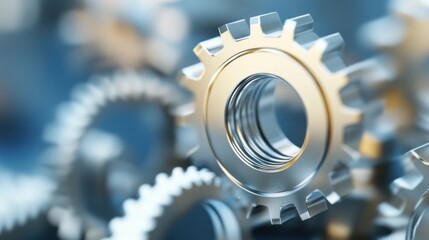 Aufkleber - Close-up of metallic gears interlocked, showcasing intricate details and a polished, chrome-like finish.  The image evokes themes of precision engineering and complex machinery. : Generative AI