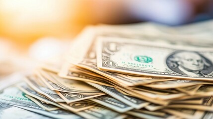 Aufkleber - A close up view of a stack of one dollar bills, showcasing the intricate details of the currency and the portrait of George Washington. The warm lighting creates a soft, inviting atmos : Generative AI