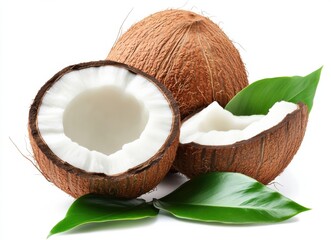 Aufkleber - Two ripe coconuts, one halved, showcasing the white flesh and coconut water, are artfully arranged with vibrant green leaves against a stark white background. : Generative AI