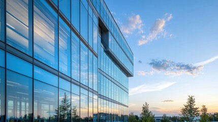 Poster - Modern glass office building reflecting sunset sky, showcasing contemporary architecture and urban landscape. : Generative AI