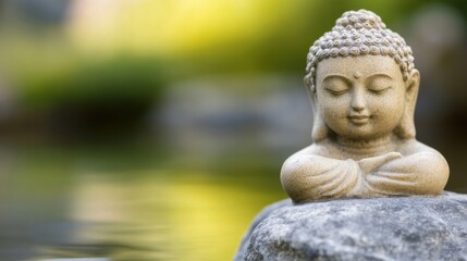 Aufkleber - Serene buddha statue sits peacefully on a rock near tranquil water, embodying mindfulness and inner peace in a lush garden setting. : Generative AI