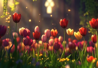 Poster - Vibrant tulips bathed in golden sunlight, a breathtaking springtime scene in a lush meadow, showcasing a variety of colors and textures. : Generative AI