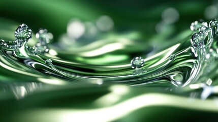 Aufkleber - Closeup of shimmering emerald liquid with reflective droplets creating dynamic waves and ripples, showcasing a luxurious and vibrant texture. : Generative AI