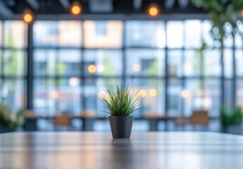 Leinwandbilder - Small potted plant sits on a light wood table in a modern, bright office space with large windows and blurred background. : Generative AI