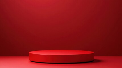 Poster - A single, round, red pedestal sits centrally on a matching red floor against a solid red backdrop, creating a minimalist, monochromatic display. : Generative AI