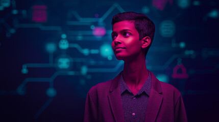 Casual IT specialist with abstract tech background, symbolizing innovation in modern workspaces