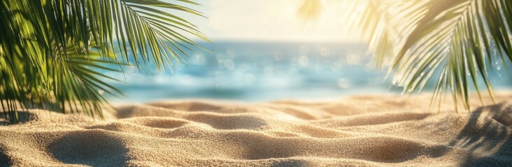 Poster - Golden sand beach scene framed by lush palm fronds, bathed in warm sunlight with a blurred ocean backdrop. : Generative AI