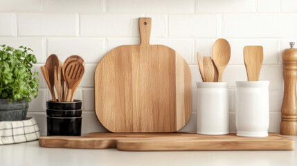 Poster - Wooden kitchen utensils and cutting board arranged on a white brick wall background, creating a minimalist and rustic kitchen scene. : Generative AI
