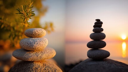 Poster - Serene sunset scene featuring two balanced rock formations, one near a vibrant green plant, the other by a calm lake at golden hour. : Generative AI