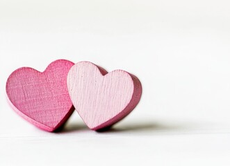Poster - Two pink wooden hearts gently touching, resting on a white surface, conveying love, romance, and Valentine's Day sentiments. : Generative AI