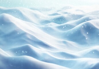 Poster - Serene winter landscape: gently undulating snow drifts under a soft, light blue sky, with delicate snowflakes falling softly. : Generative AI