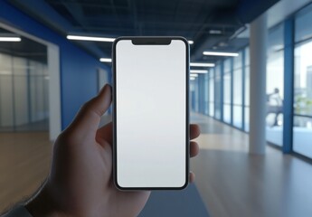 Leinwandbilder - A hand holds a smartphone with a blank screen in a modern office hallway, showcasing a sleek device and contemporary workspace. : Generative AI