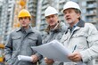 © SMK - Three construction workers analyze plans at building site wearing hard hats and work clothes, discussing progress