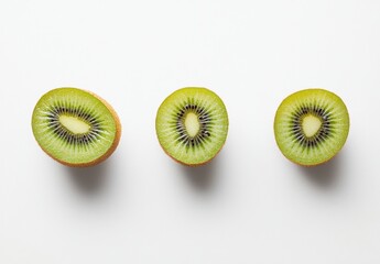 Aufkleber - Three juicy kiwi fruit slices arranged in a row on a white background, showcasing their vibrant green flesh and tiny black seeds. : Generative AI