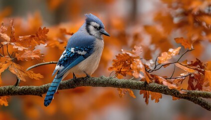 Poster - A blue jay perches on a branch amidst vibrant autumn leaves, its blue feathers contrasting beautifully with the warm orange hues of the foliage. : Generative AI