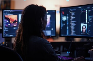woman working on dual monitor setup in tech startup