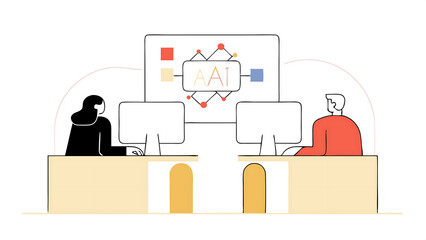 multicultural man and young caucasian female working in a research center discussing a project with their senior it manager team using computer to write advanced software code for an ai ser 56858480 1