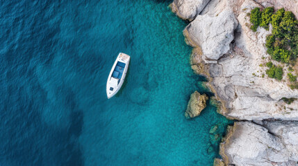 Poster - Aerial view of a white motorboat anchored in a turquoise cove, next to a rocky, white cliff with green vegetation. : Generative AI